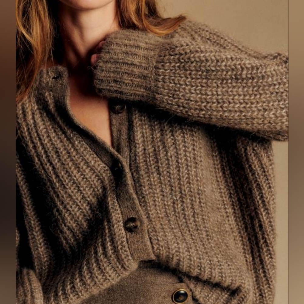 Sezane Emile Chunky Ribbed Button-Front Cardigan in Taupe
